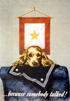 Image of a dog resting his head on the top of a chair with a Service Flag on the wall above and a printed phrase at the bottom of the image because somebody talked
